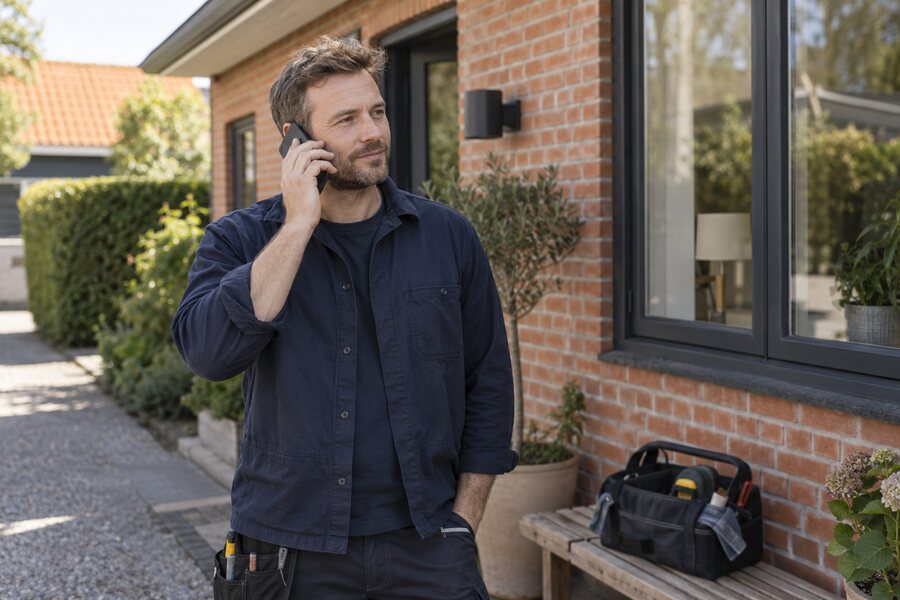 Montør taler i telefon uden for en bolig